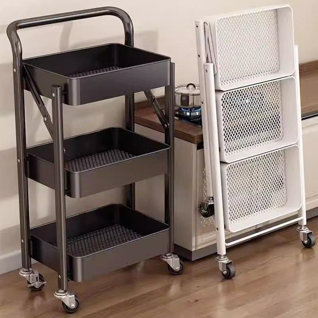 Metalowy składany wózek na kółkach z półką na książki, stolikiem bocznym i półką na przekąski, mobilny nizer kuchenny i półkami do przechowywania