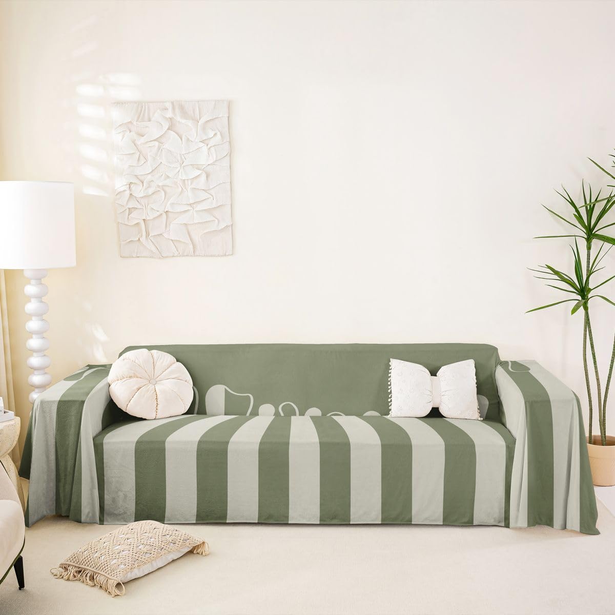 Homewish Housse de Canapé 180 x 300 cm Rayé Vert Sauge