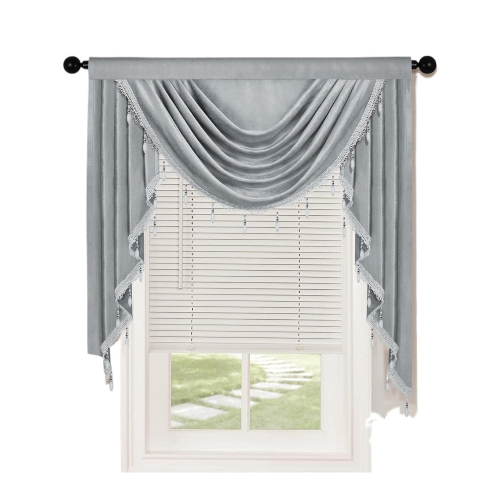 SparklWLeaf Beaded Triangle Curtain 1 PC Waterfall Valance for the Living Room，Swag with Beads Design for Window Decor(Grey)