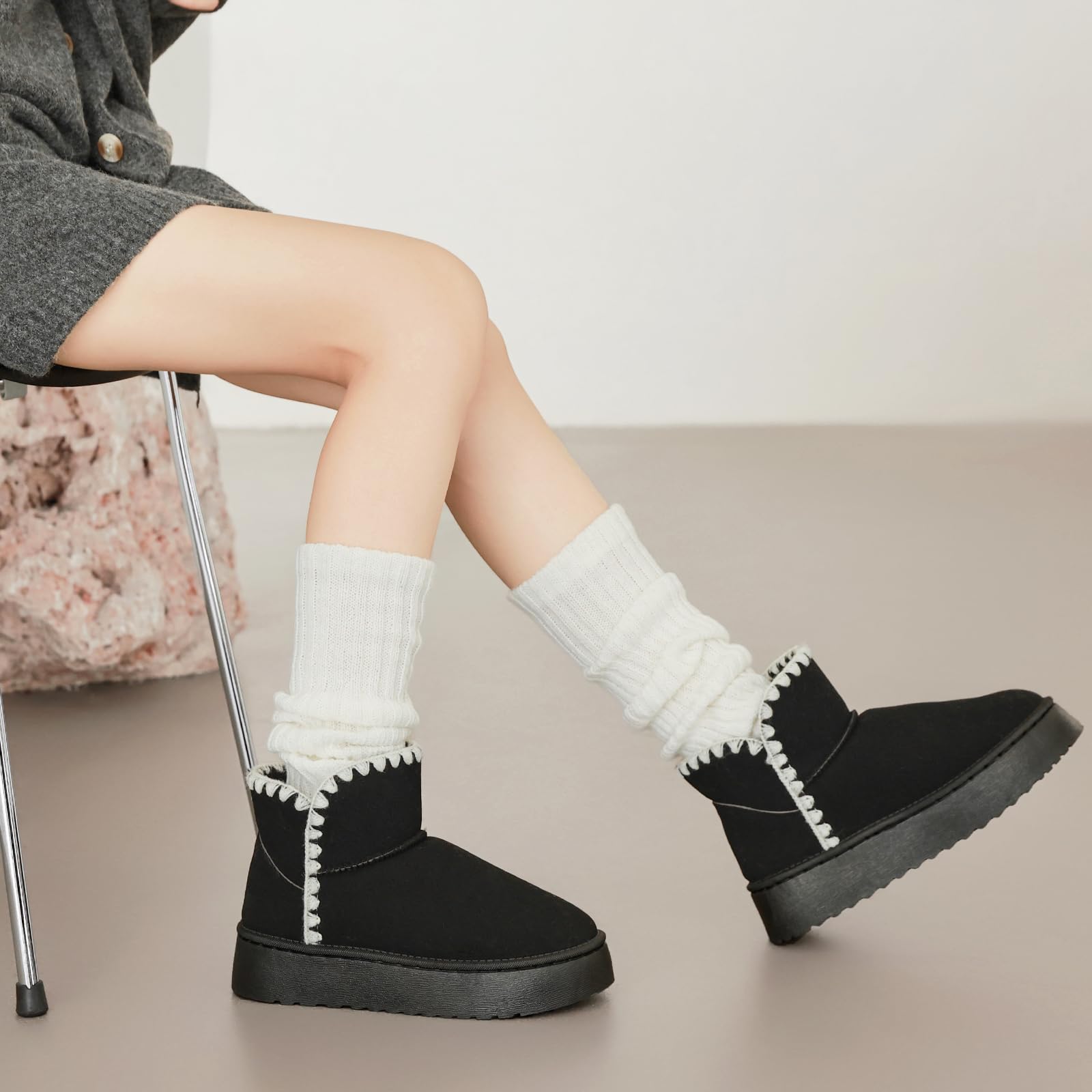 Jifenkla Stivali da Neve Donna,Design in pizzo a onde alla moda,Foderato Caldo Stivaletti invernali,Antiscivolo Impermeabili suola in gomma,Leggerie Comode Pelliccia Breve Scarpe,Outdoor