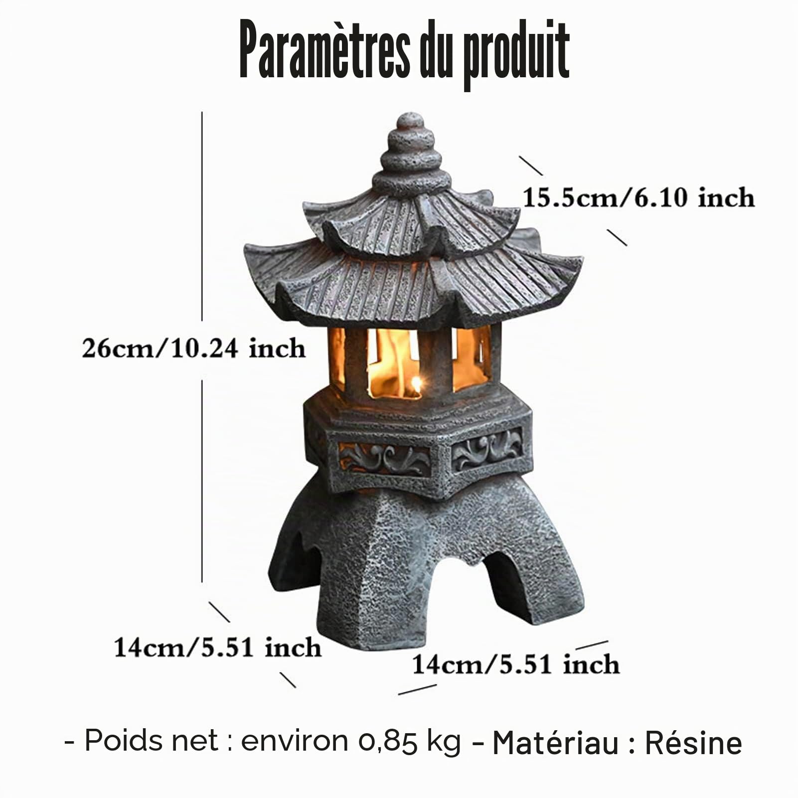Lanterne de jardin japonaise Uziqueif - Ornements solaires Zen - Décoration intérieur extérieur - Lampes patio H 26 cm gris