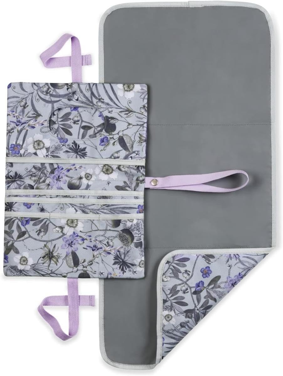 Hauck Nappy Bag with Changing Mat Change N Walk for on The go, Baby Changing Bag Organiser, Changing Bag with Loop for Pram Handle, Changing Clutch, Wipe Clean (Floral Grey)
