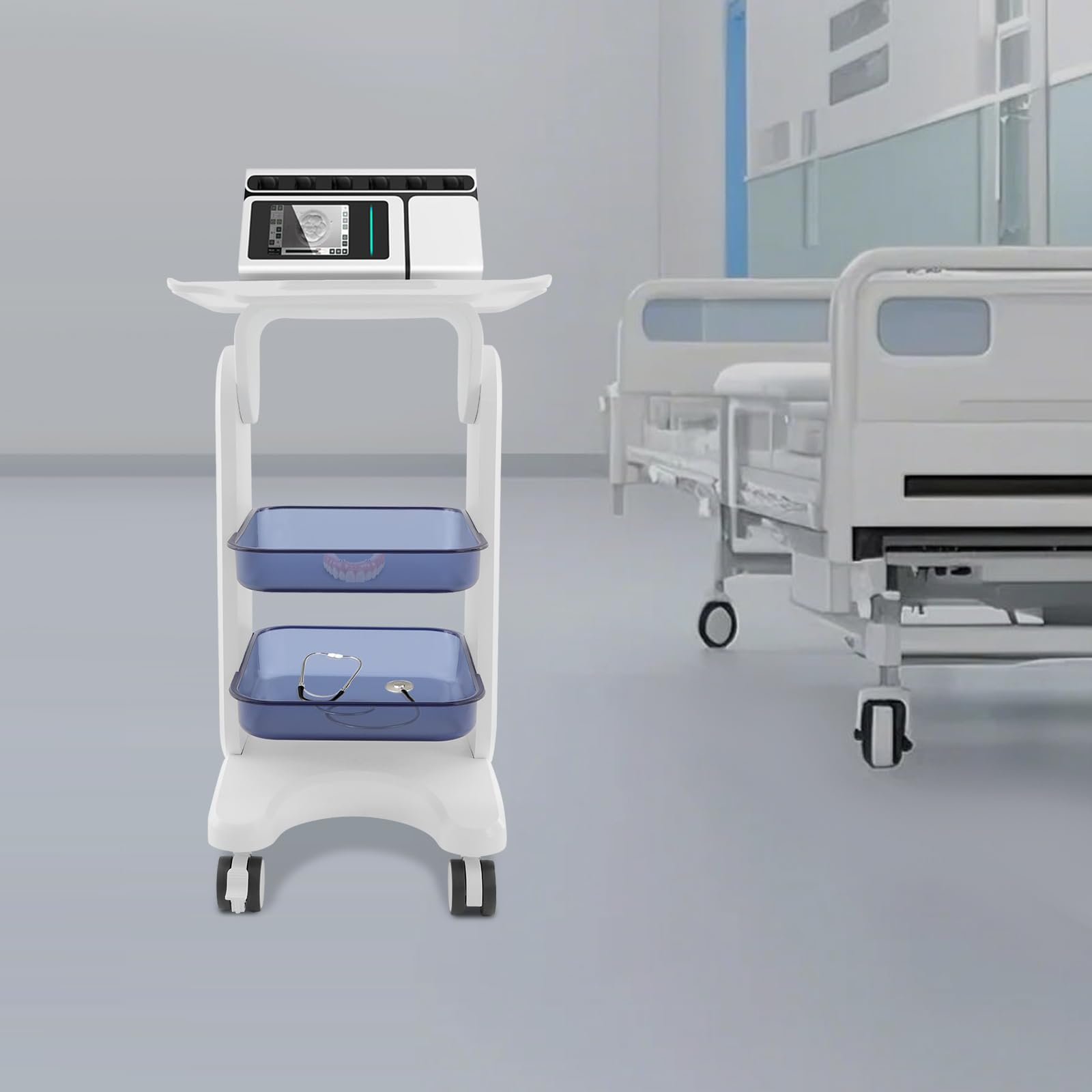 Carrello medico a 3 piani con 2 pallet, carrello da laboratorio con 4 ruote, fino a 60 kg, piano di lavoro 49 x 44 cm, multifunzione per laboratorio, clinica, ospedale, salone, bianco