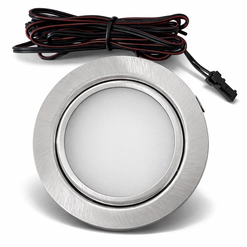 6er Set LED Möbel Einbauleuchten Edelstahl Gebürstet superflach 3W warmweiß 3000K 180lm 12V mit 15W LED Trafo 230V Zuleitung. LED Spots für das Wohnzimmer, Küche oder Bad.