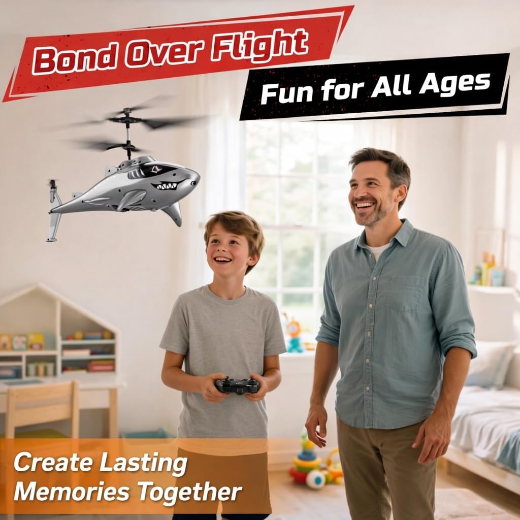 DEERC Remote Control Helicopter for Kids and Adults, RC Shark Helicopter with Altitude Hold, One Key Takeoff/Landing, LED Lights, 2 Batteries, 24 Min Flight Time, Indoor Flying Toy Gift