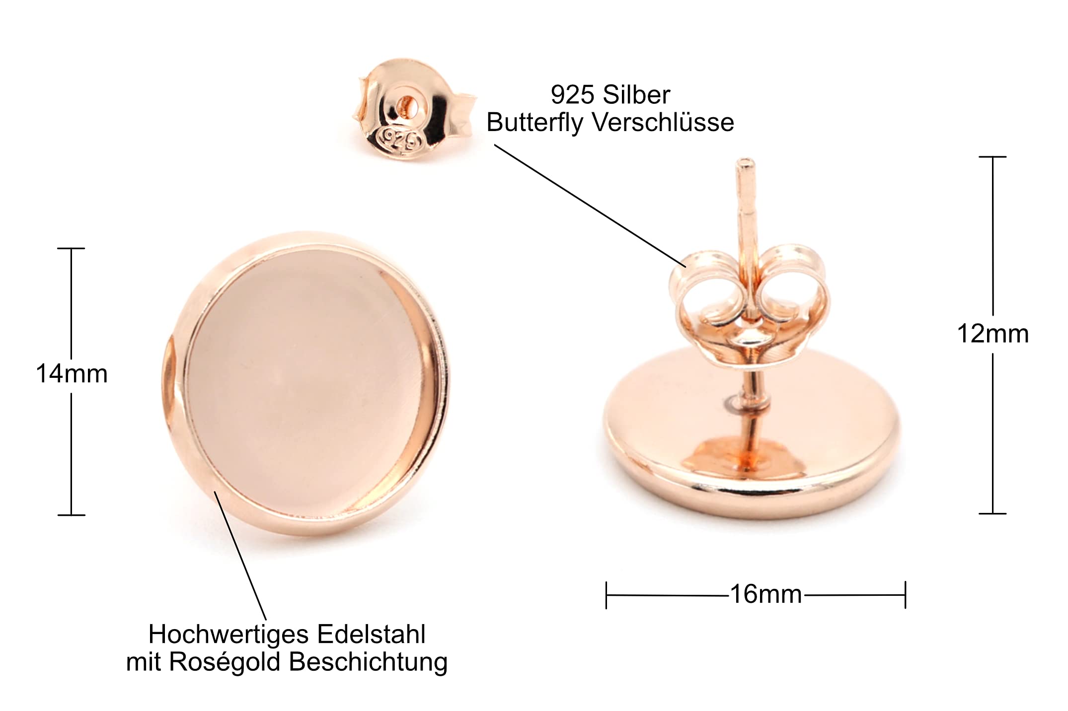 NaturSchatulle Ohrstecker Fassung Cabochon 8-14mm Rohlinge Rosegold 25 Paar Ohrringe Schmuck Basteln DIY Schmuckherstellung Nickelfrei (14mm)