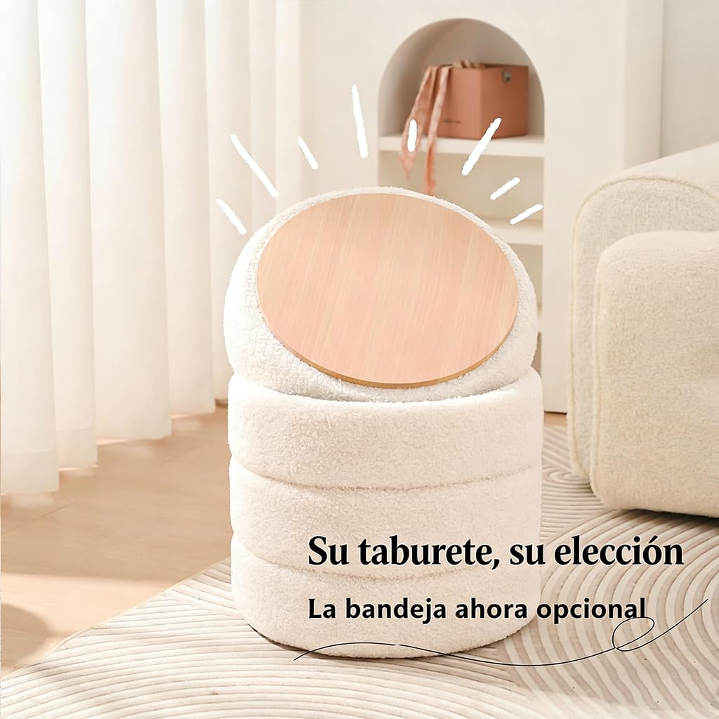 Taburete Redondo de Bouclé Blanco con Almacenaje y Tapa Reversible – Puff Multifuncional para Tocador, Salón, Dormitorio y Habitación Infantil