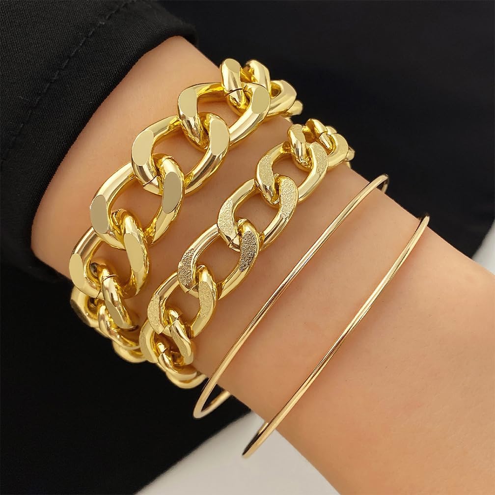 Chunky Gold Cuba Chain Cuffs Stacked Bracelets for Women Dainty Non Tarnish Thick Link Chain Statement Bracelet Vintage Large Stackable Jewelry Accessories - Image 2