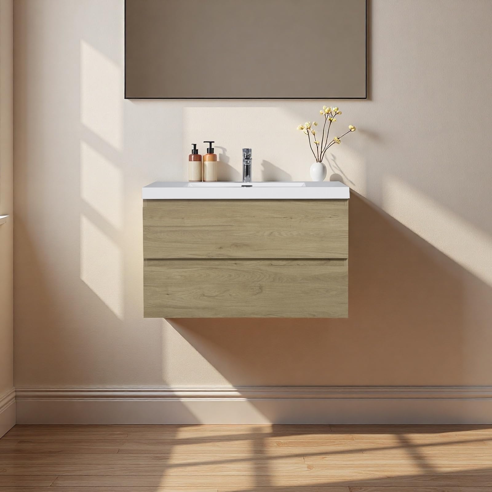 Floating Bathroom Vanity with Sink, 36" Wall-Mounted Bathroom Storage Cabinet with Resin Countertop &amp; 2 Soft Close Drawers, Modern Stylish Vanity with Open Back Design, Easy to Clean, Oak