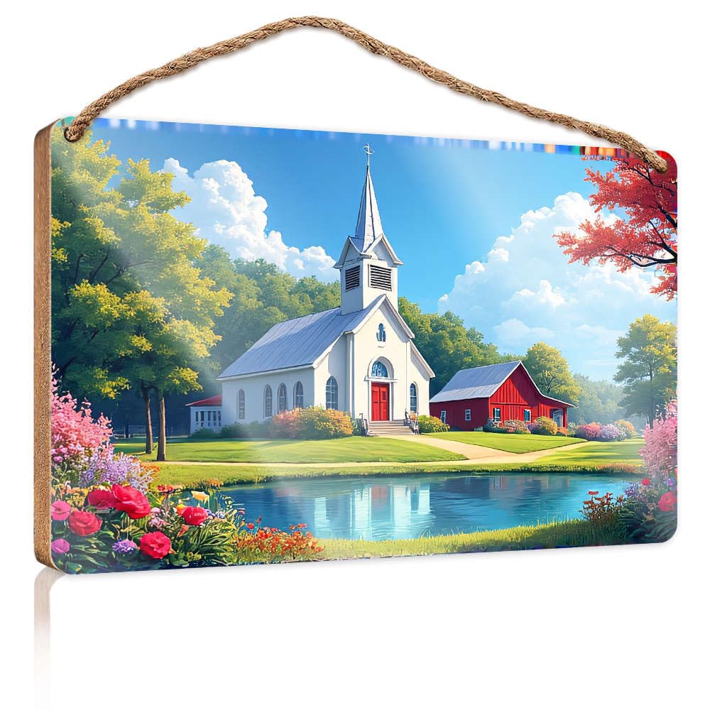 Sign Wooden Hanging A Picturesque Church With Vibrant Flowers And A Serene Pond. Gift For Boss Woman The Room Decorations(15X28CM)
