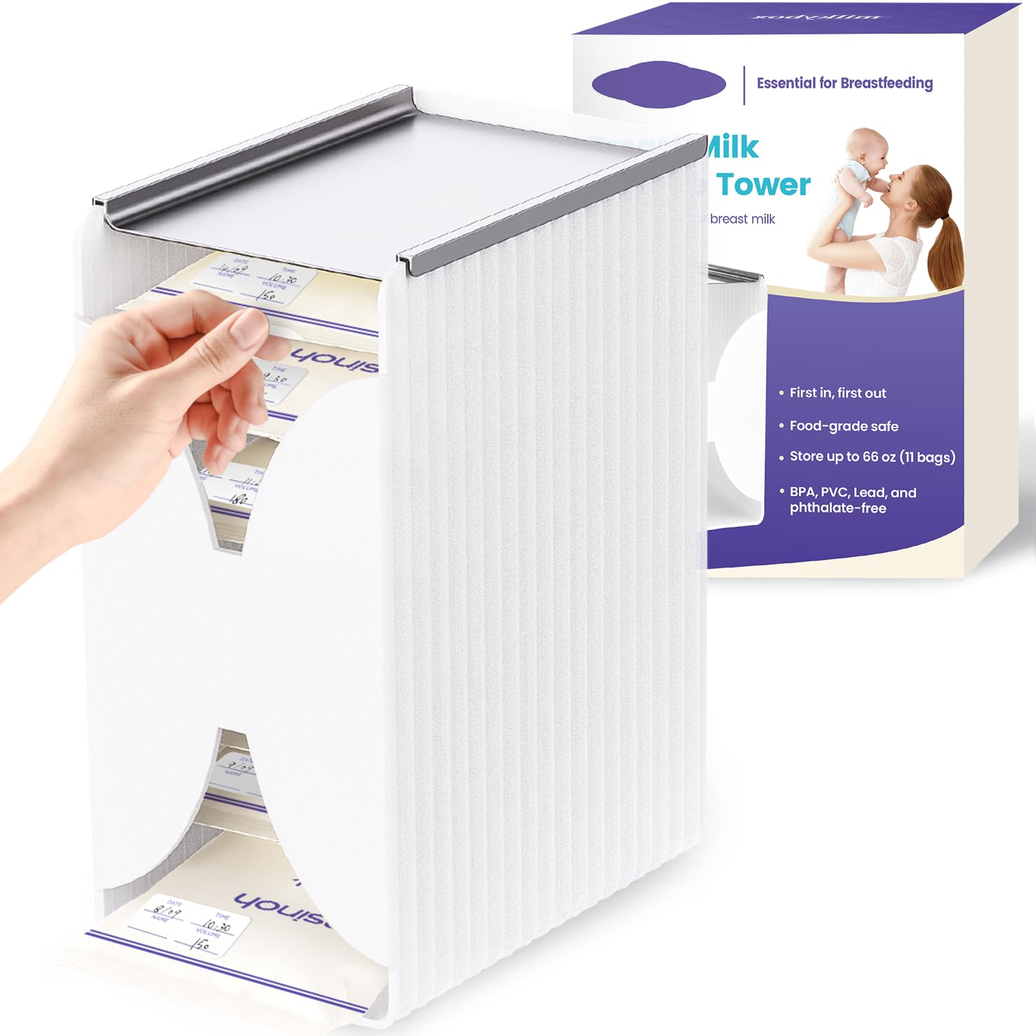 Freeze Organizer and Tower for Breastmilk Storage Bags, First-in First-Out Container Storing System with Quick-Freeze Tray to Freezing Breastmilk, Reusable and Breastfeeding Essentials