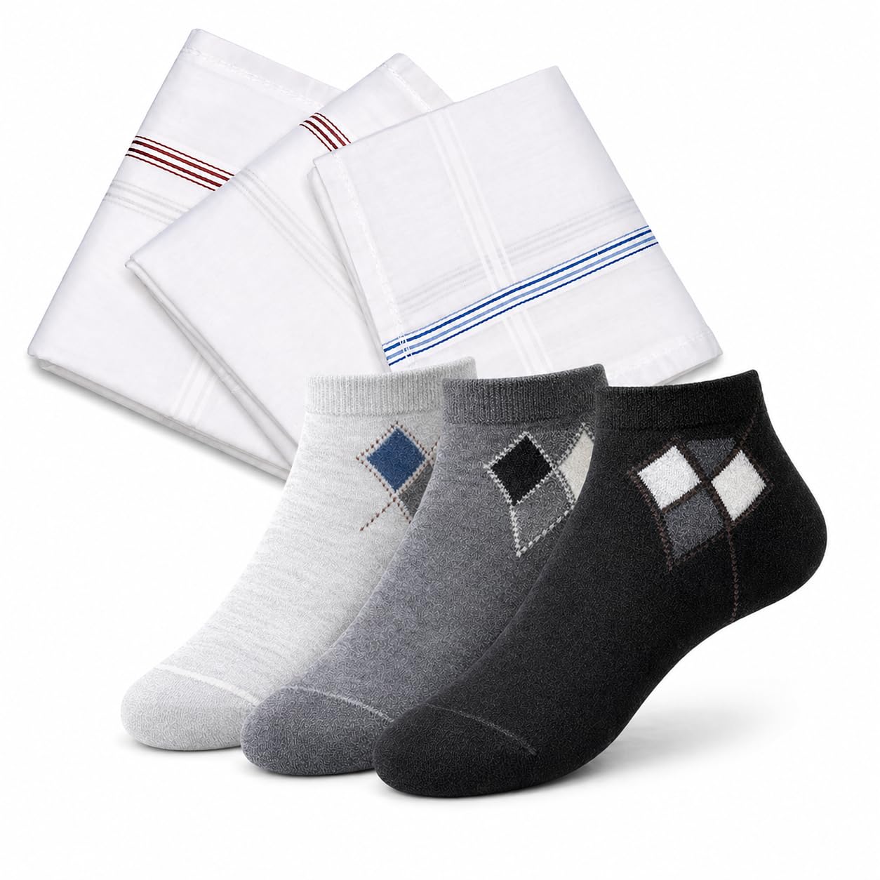 Men's Cotton Combo Gift Set – 3 Pairs Ankle Socks (Assorted: Light Grey, Dark Grey, Black) + 3 Pure Cotton Handkerchiefs | Soft, Breathable & Everyday Essentials Pack-image-13