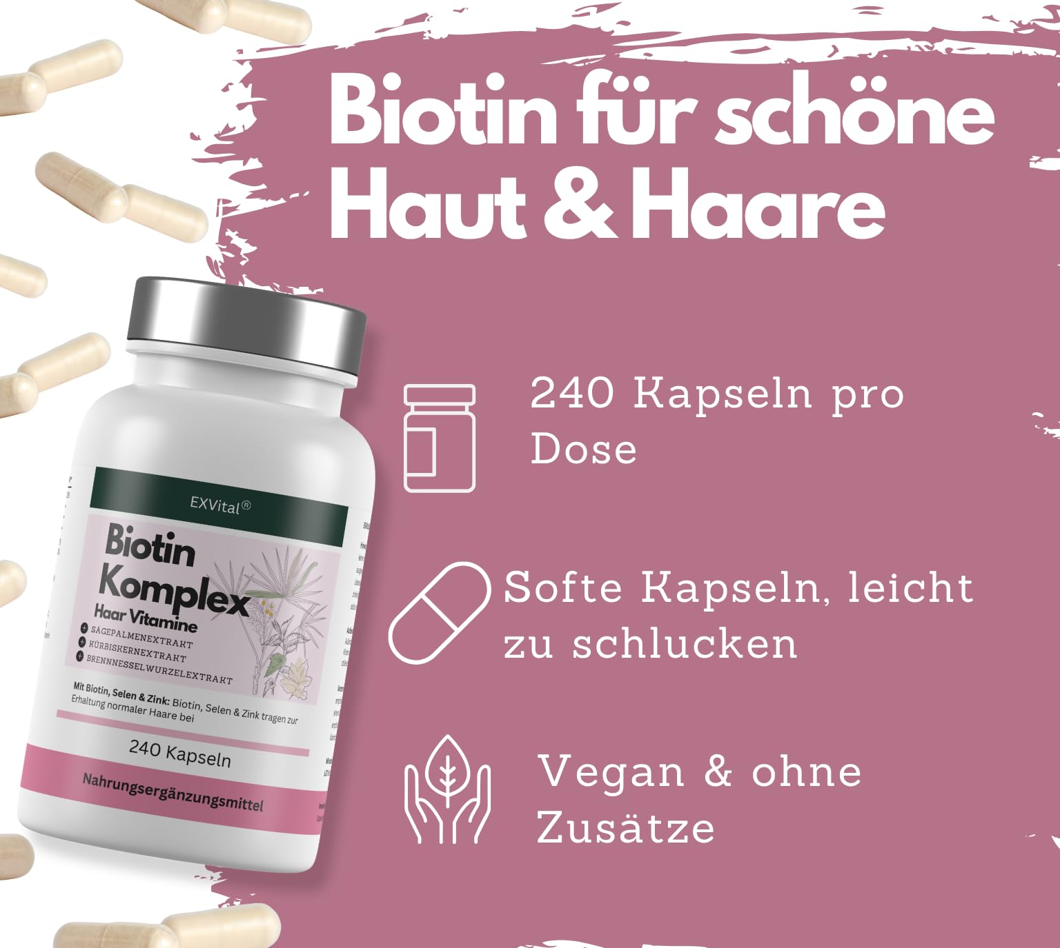 EXVital Biotin Komplex, Haar Vitamine, mit Sägepalmen-, Kürbis- und Brennnesselextrakt, 240 vegane Kapseln, angereichert mit Selen & Zink, laborgeprüft & hochdosiert (Packung mit 2)