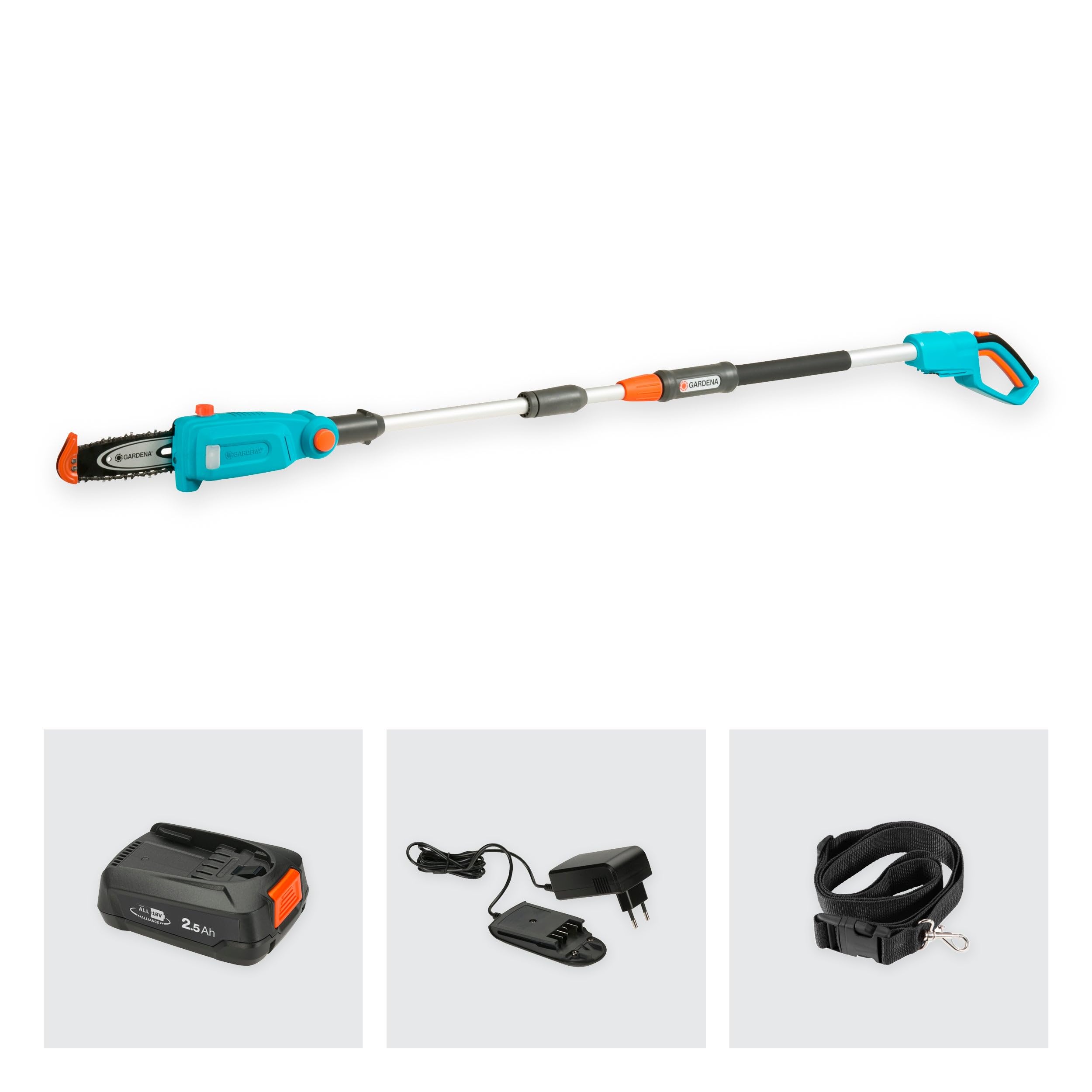 Gardena Akku-Teleskop-Hochentaster TCS 20/18V P4A Ready-To-Use Set: Teleskopgriff, Reichweite bis 4 m, Schneidunterstützung, Abwinkelbarer Schneidkopf, Kabellos (14770-20)