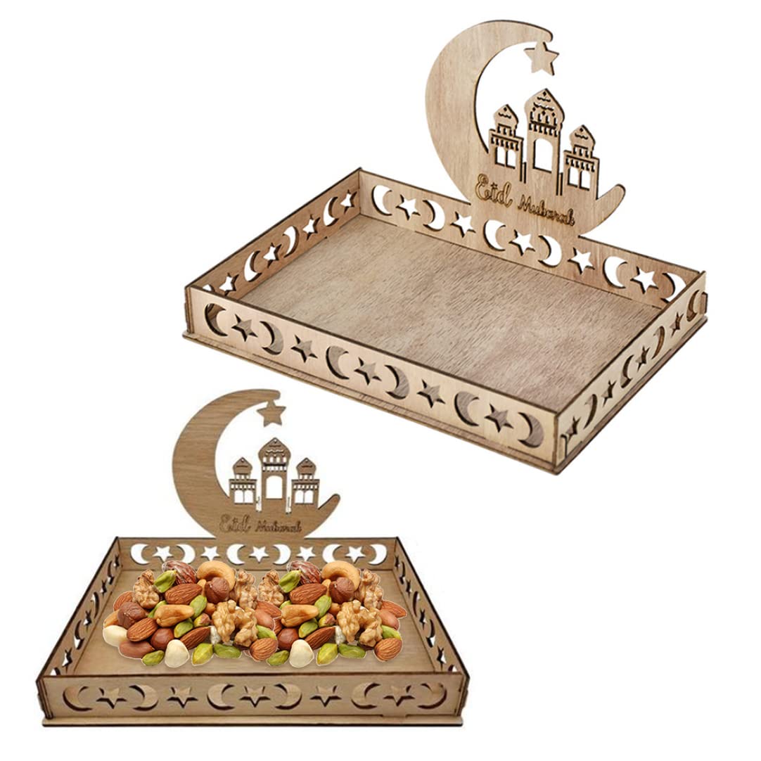 Peosaard No.1 Ramadan Serving Trays, Eid Tray Ramadan Serving Tray Wooden Star Moon Dessert Pastry Eid Tableware For Food Holder 2Pcs, Dessert Pastry
