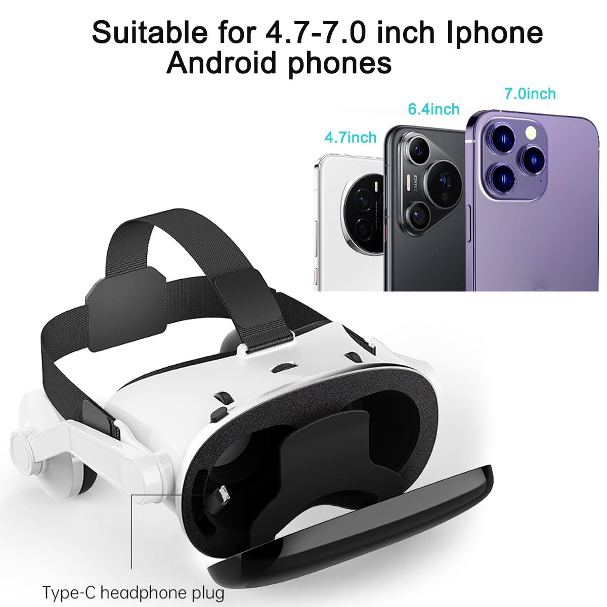 Visore VR per iPhone e Android, occhiali 3D per realtà virtuale con luci blu per giochi VR, film e video, supporto per telefoni da 4,7-7,0 pollici per bambini e adulti con telecomando