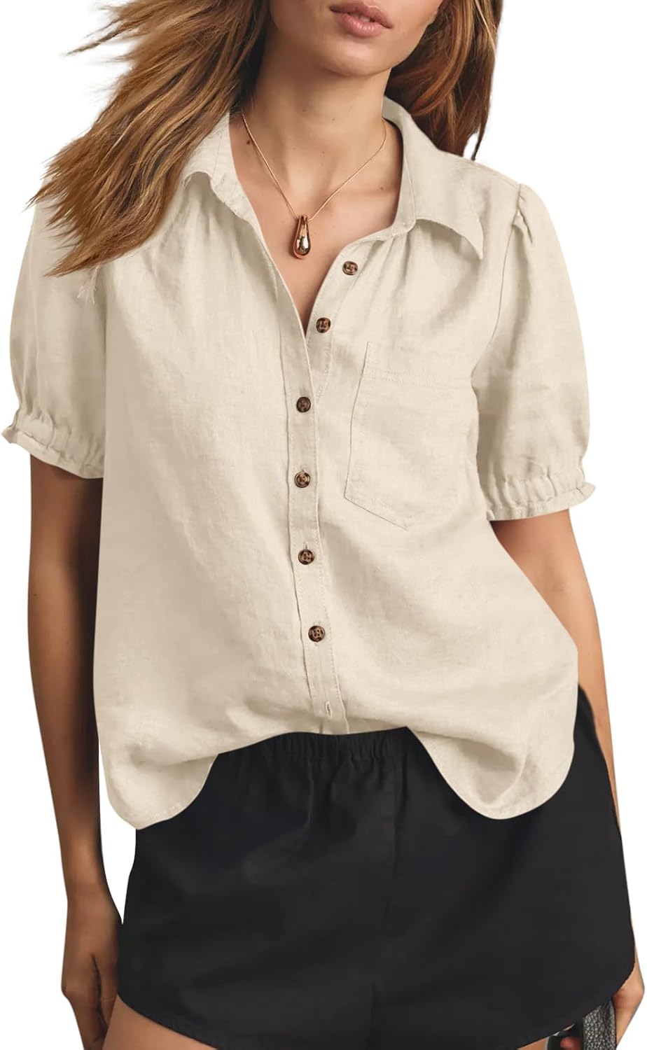 Cicy Bell Womens Puff Short Sleeve Button Down Shirts Summer Casual Collared V Neck Blouse Linen Loose Fit Work Tops