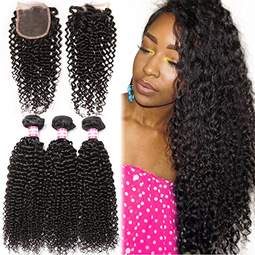 B&P Hair Brazilian Virgin Curly Hair Weft 3 Bundles with 1pc Lace Closure Free Part 4x4 100% Unprocessed Human Hair Extensions Natural Color 24 26 28+20inch closure