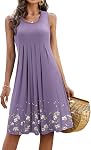 KILIG Women Summer Casual Floral Pleated Midi Sleeveless Knee Length Tank Beach Sun Dresses