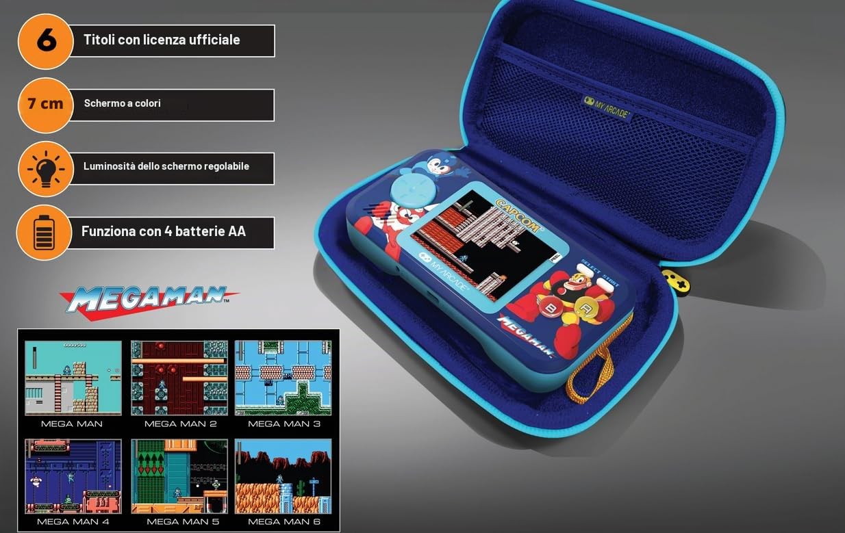 My Arcade DGUNL-7149 Mega Man Pocket Player Pro - Sistema di gioco portatile con custodia per il trasporto
