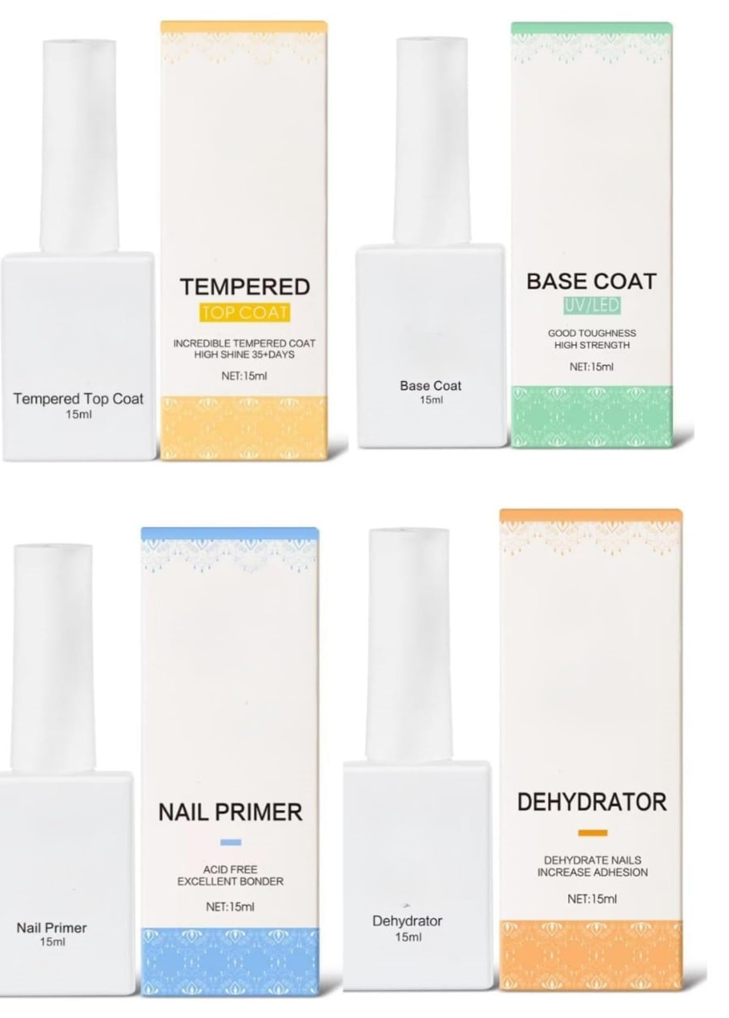 Top Coat, Base Coat, Nail Primer, Dehydrator- 15ml Soak Off UV LED Gel Nail Polish Kit for Nail Art pack of 4