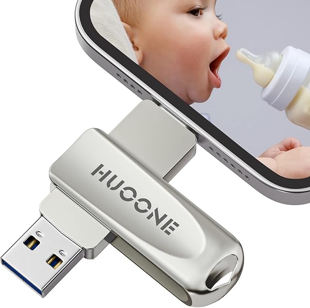 HUOONE 128GB USB Memory Stick for iPhone,3 in1 External Storage Photo Stick USB Pen Drive OTG Flash Drive Compatible With Phone iOS Android Smartphone Tablet PC Type C Port