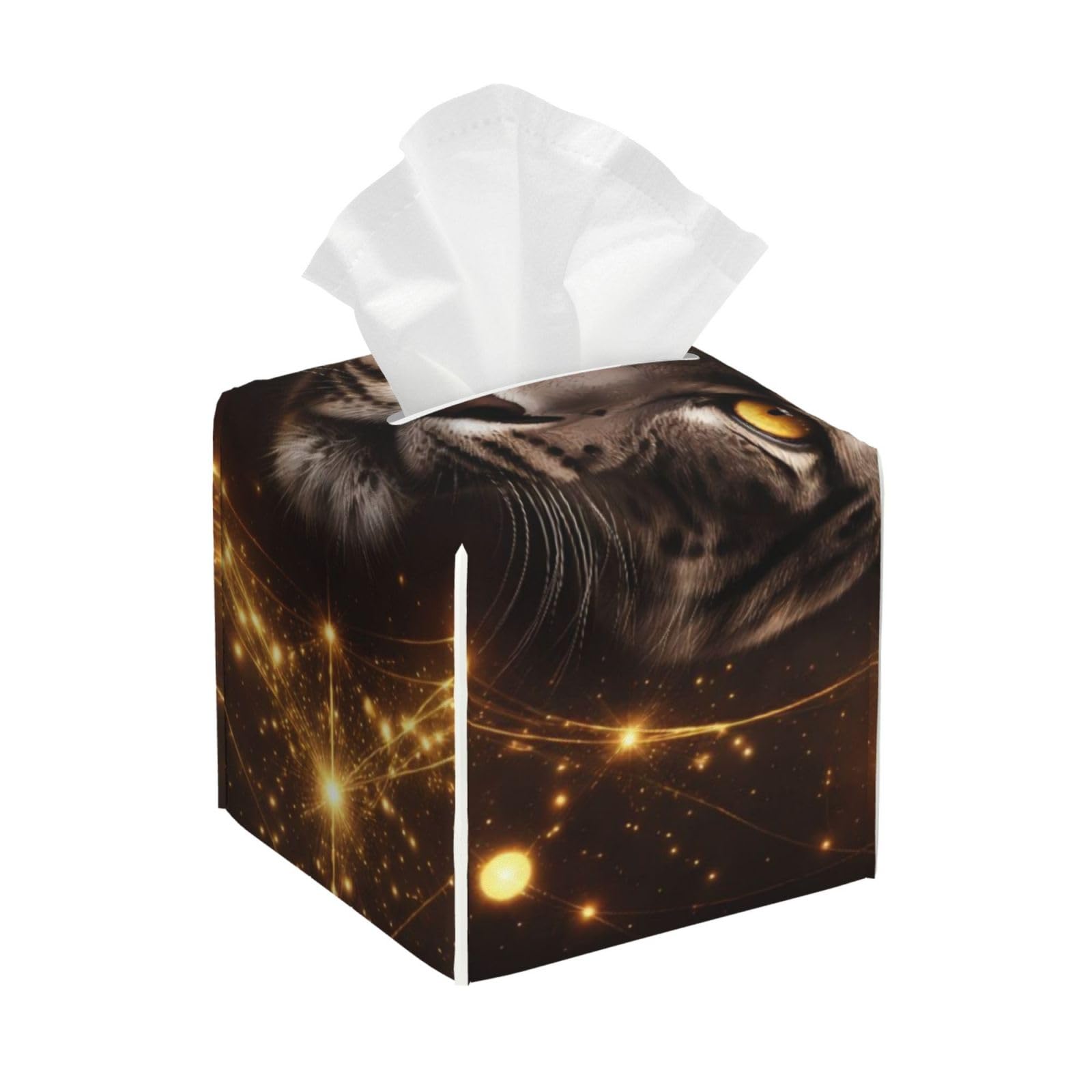 Universe Space Gold Galaxy Tiger Leather Tissue Box Cover Holder Square Facial Paper Organizer 5.2" X 5.2" X 5.2"