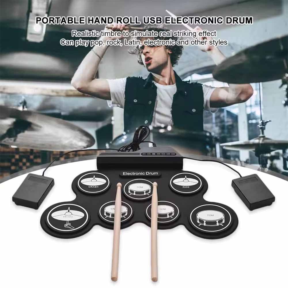 NEWFUN Batteria Elettronica Adulti e Bambini, 7 Drum Pad in Silicone con Mazzette e Pedale, Portatile e Pieghevole, Nero