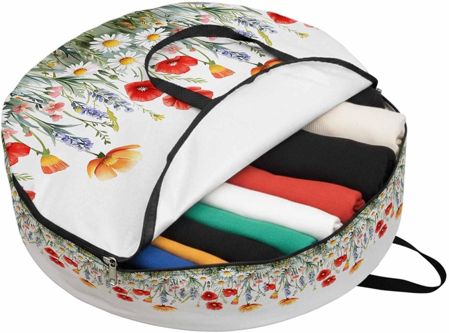 Spring Rustic Round Storage Bag 36 Inch, Red Flower Blossom Plant Wildflower Nature Clothes Storage Container with Handles Heavy Duty Organizer for Comforter, Bedding & Holiday Wreaths