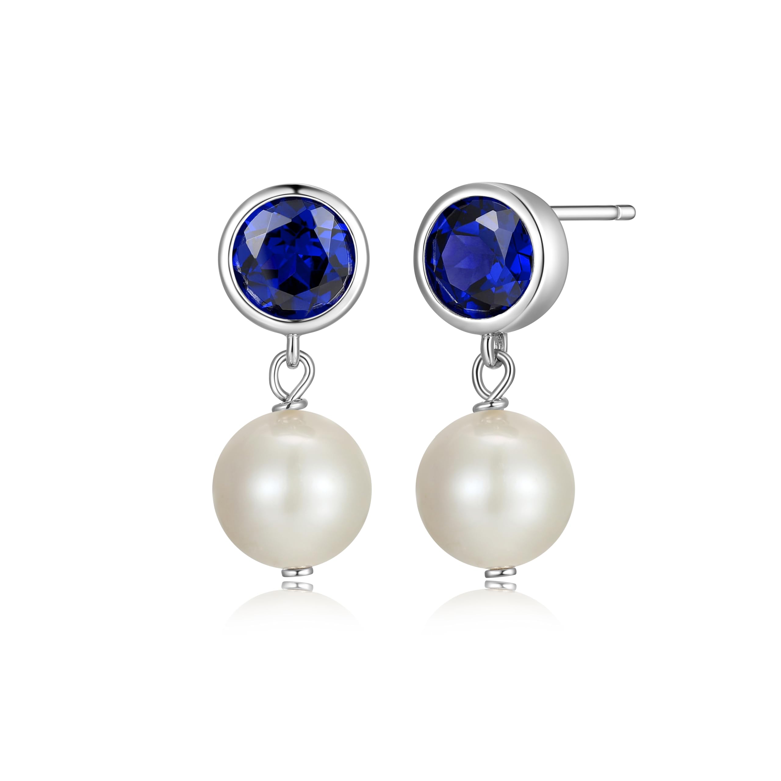MORGAN & PAIGE .925 Sterling Silver Rhodium or 18K Yellow Gold Plated Bezel-Set 6mm Birthstone and 8mm White Freshwater Cultured Pearl Drop Earrings -