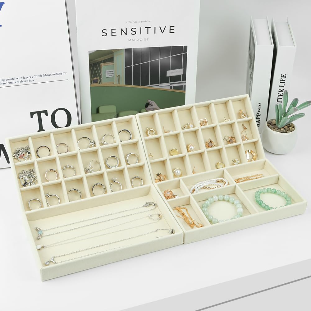 Aparador Organizador de Terciopelo, 2 Piezas Bandeja Organizador de Joyas, Apilables Bandeja Joyas, Caja de Almacenamiento para Cajónes, Guardar y Exhibir Aretes, Collares Joyería (Beige-C)