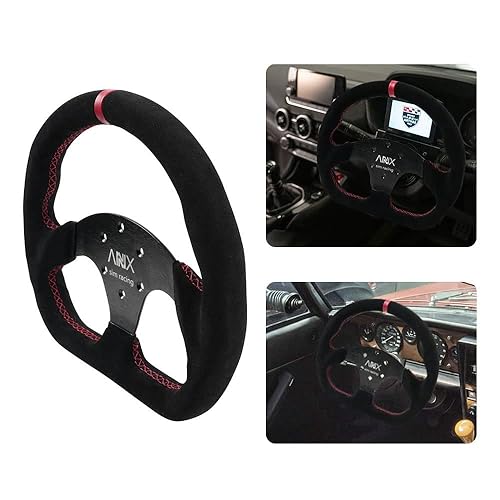 Miniatura 6 de RASTP Volante de carreras en forma de D de 12.5 pulgadas12.598 in de piel de ante estilo de carrera con puntada roja, color negro