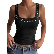 Cioatin Women Sleeveless Studded Metal Decor Crop Tank Square Neck Slim Fit Grunge Y2K Punk Clothes Summer Going Out Tops