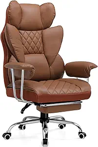 COMHOMA Big and Tall Office Chair, High Back Leather Gaming Chair with Footrest, Executive Ergonomic Office Chairs with Pocket Spring Lumbar Support and with Outward Fixed Soft Armrests