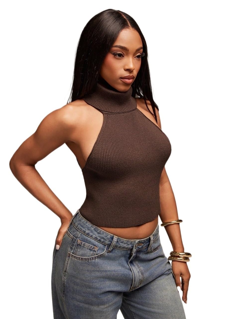 Womens Sweaters 2025 Knit High Neck Sleeveless O-Ring Sweater Top