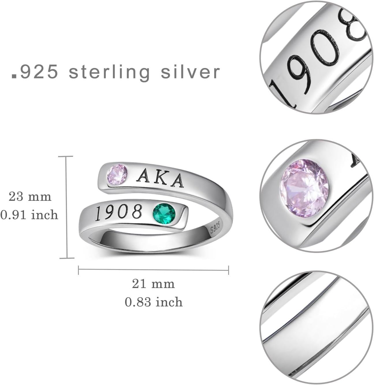AKA Sorority Ring for Women - 925 Sterling Silver with Pink & Green Zirconia, 1908 Engraved Gift for Big Little, Initiation, Founders Day