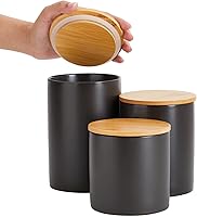 Vista 6 de Farmlyn Creek Juego de 3 recipientes de cocina negro mate con tapas herméticas de bambú de madera, recipientes para encimera de cocina, tarros
