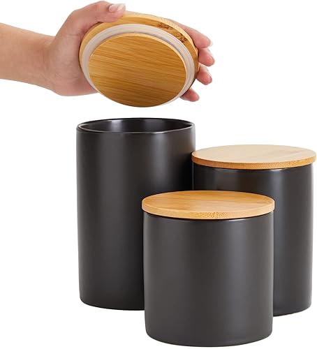 Miniatura 6 de Farmlyn Creek Juego de 3 recipientes de cocina negro mate con tapas herméticas de bambú de madera, recipientes para encimera de cocina, tarros