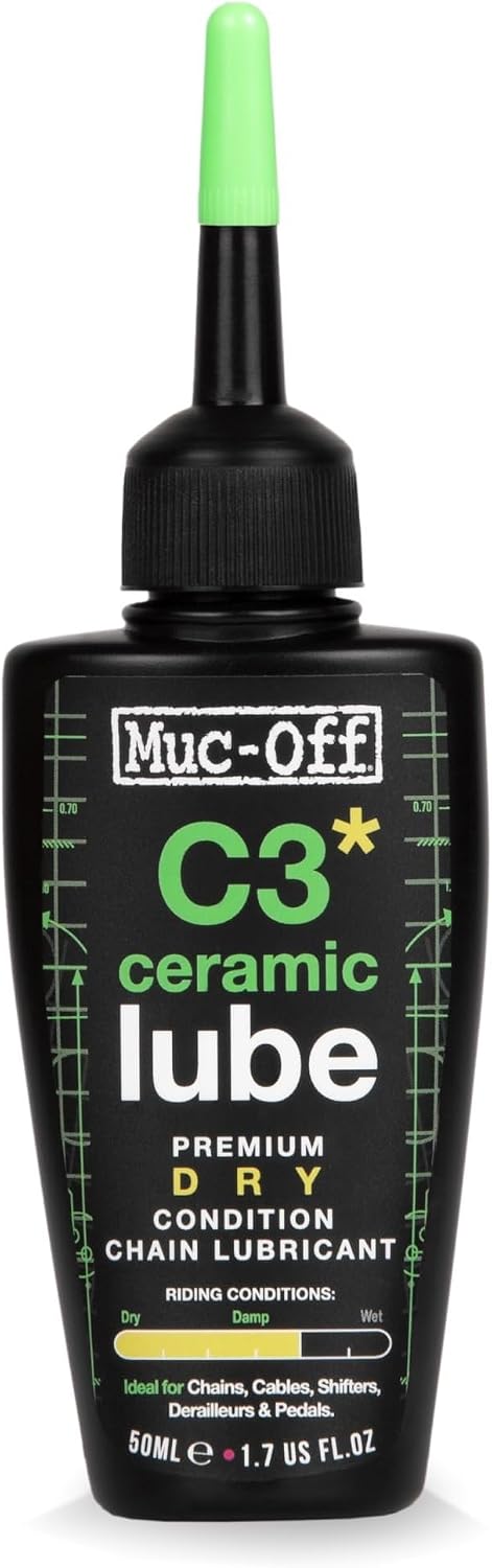 Muc-Off C3 Ceramic Dry Chain Lube, 50 Milliliters - Premium Bike Chain Lubricant with UV Tracer Dye - Formulated for Dry and Dusty Weather Conditions, Green | Nano Ceramic Coating, Up to 250 Miles per Application, UV Dye for Coverage Checks, for Road, Mountain Bike and Gravel