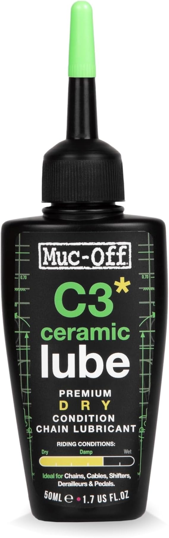 Muc-Off C3 Ceramic Dry Chain Lube, 50 Milliliters - Premium Bike Chain Lubricant with UV Tracer Dye - Formulated for Dry and Dusty Weather Conditions, Green | Nano Ceramic Coating, Up to 250 Miles per Application, UV Dye for Coverage Checks, for Road, Mountain Bike and Gravel