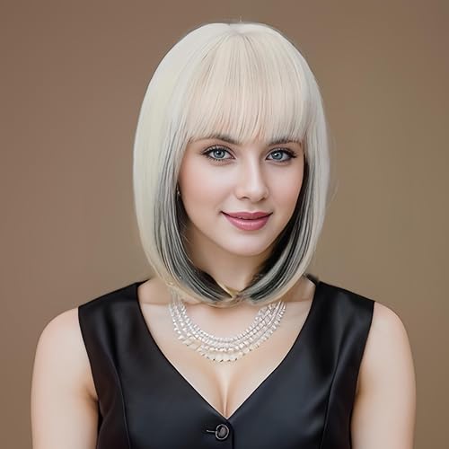 DnSNiWig Elegante peluca corta estilo Bob con flequillo de 12 pulgadas, pelo sintético lacio Yaki, pelucas de colores lindos para fiestas diarias,