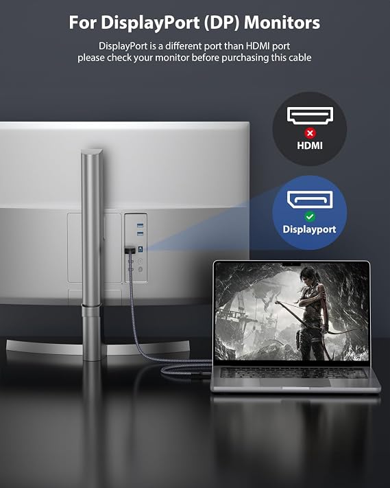 Maxonar USB C to DisplayPort Cable 8K@60Hz 4K@60Hz/144Hz/120Hz 5K@60Hz 2K@240Hz Thunderbolt 3 to DisplayPort Cable HBR3 DP 1.4 Adapter for MacBook Pro, Mac mini, Dell XPS 1M/3.3Ft VESA Certified