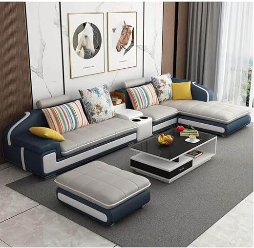 Casaliving - Tanya RHS 6 Seater L Shape Sofa Set for Living Room (Blue Grey) Premium Fabric Sofa