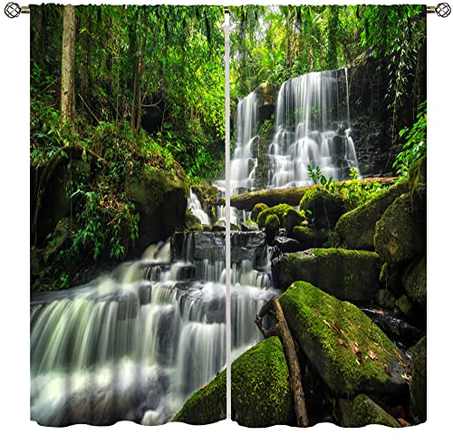 Waterfall Curtains, Spring Nature Theme Landscape Pattern in Forest, Blackout