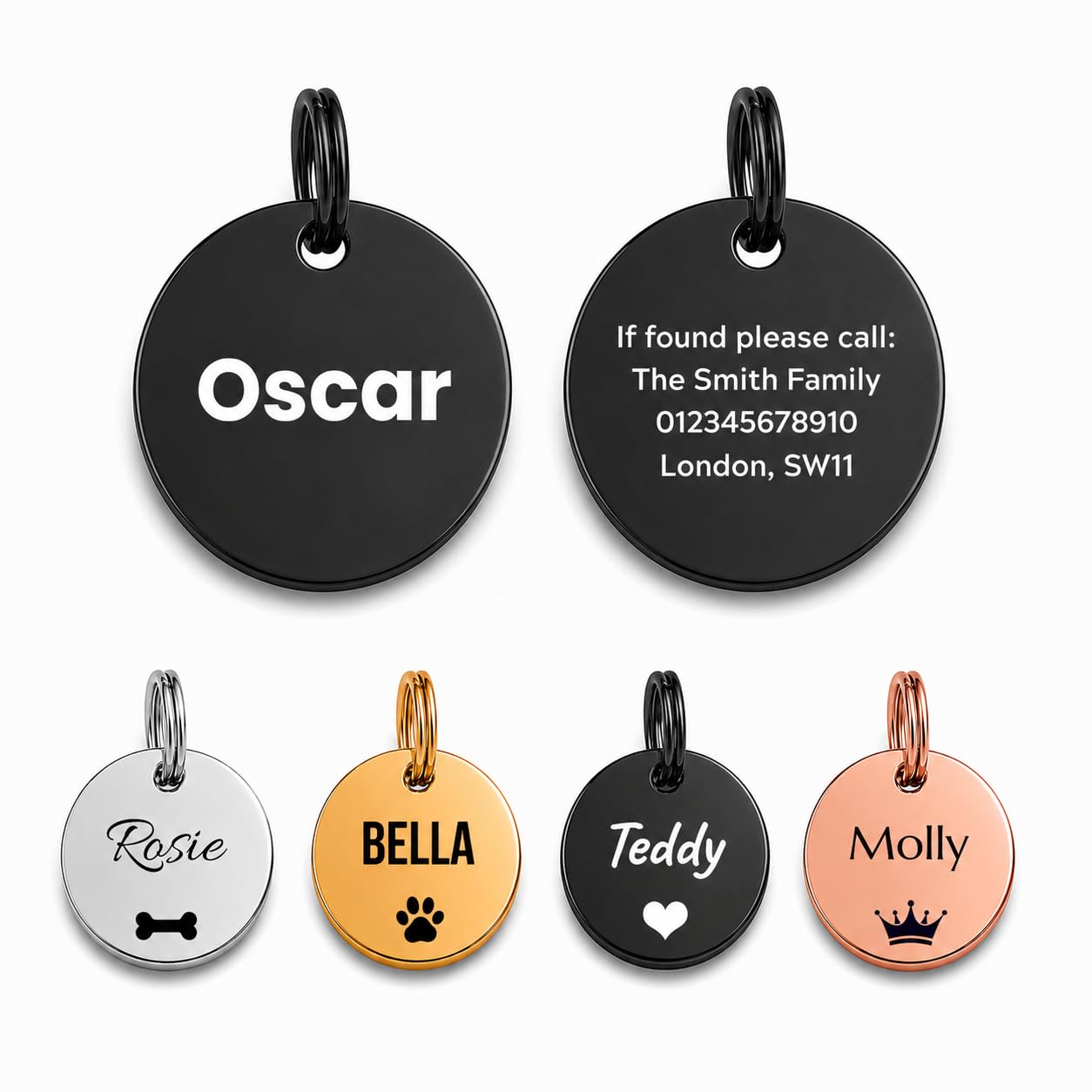 Personalised Stainless Steel Dog Tag – Black Round Pet ID Tag – Small 25mm