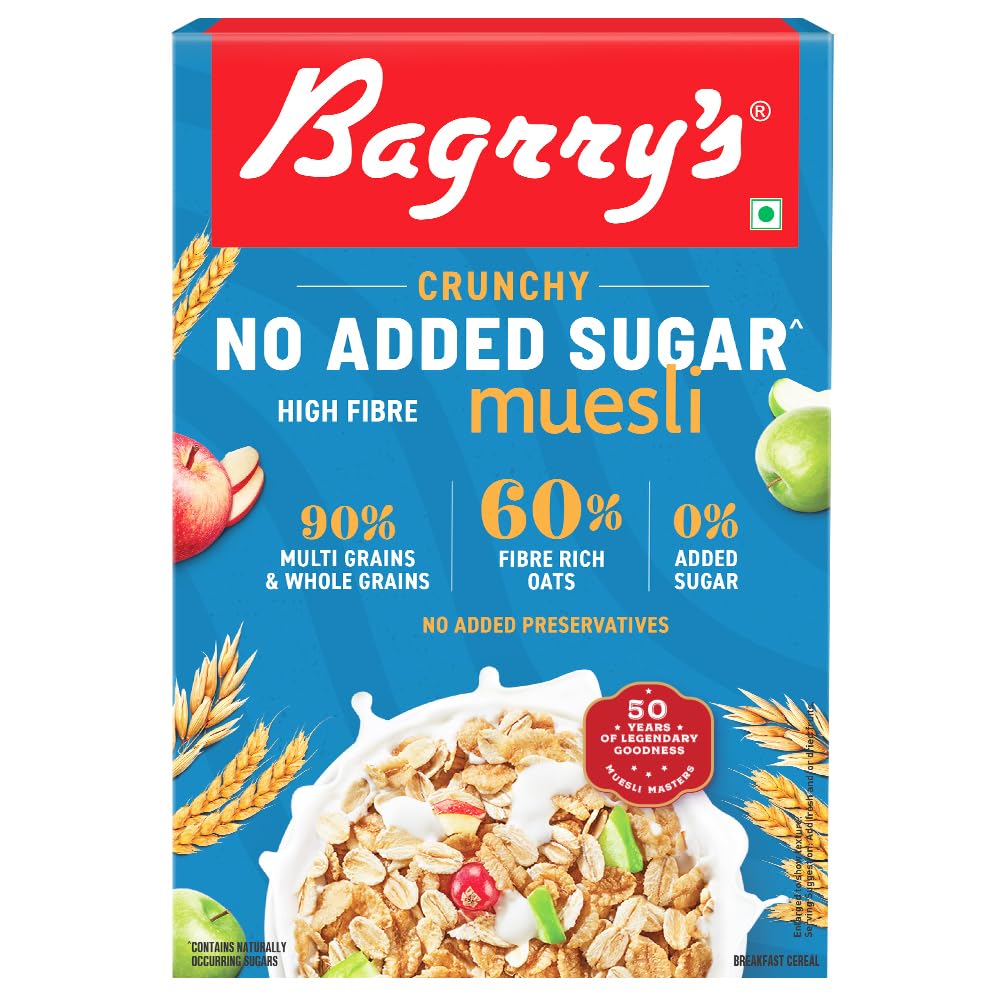 Bagrry’s No Added Sugar Muesli 500g | 0% Added Sugar | 90% Whole Grains | High Fibre & Protein | Plant-Based Breakfast Cereal | No Nuts, No Corn Flakes | Ideal for Diabetics & Weight Management | No Preservatives