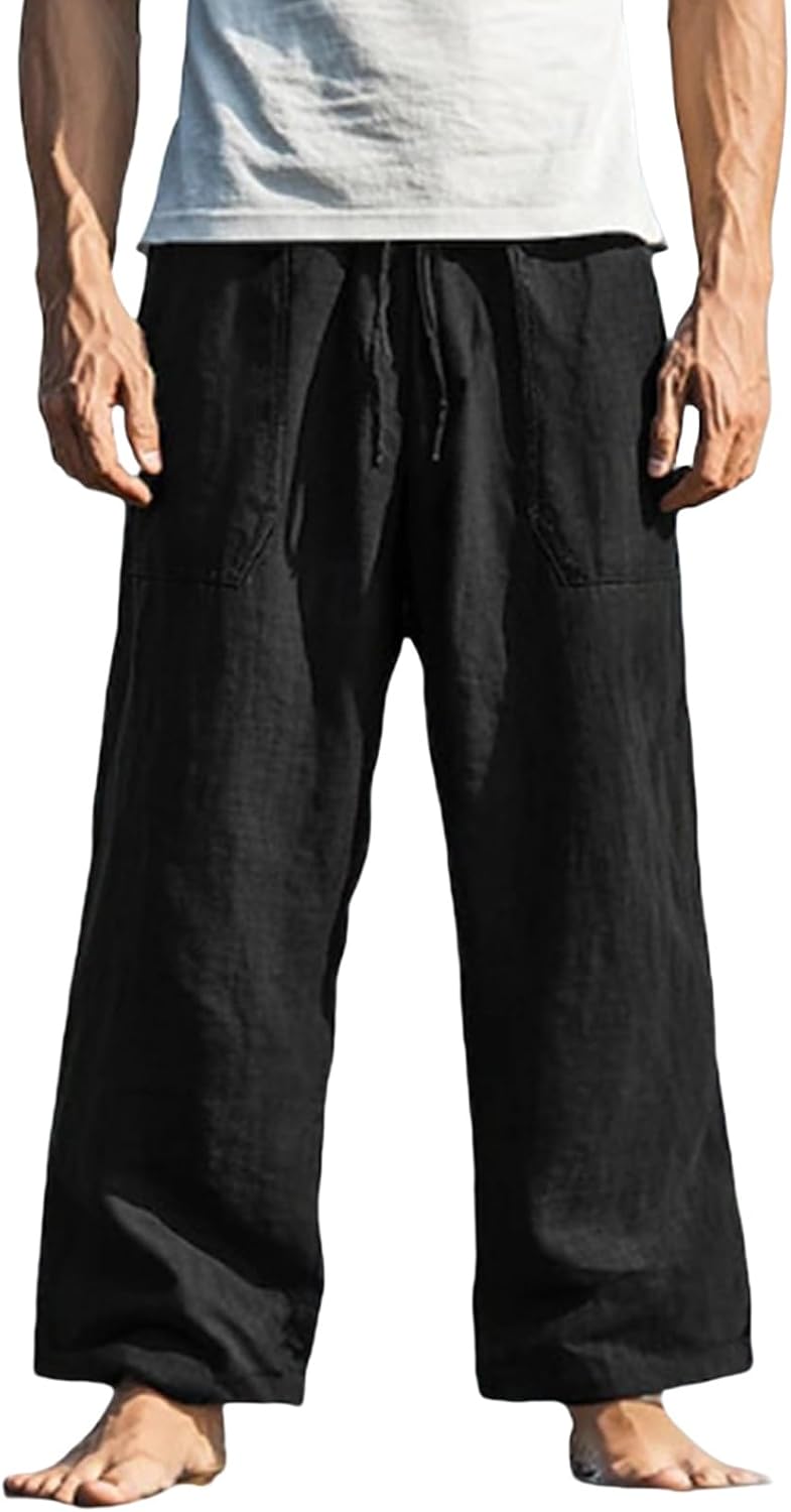 Mens Yoga Beach Pants Loose Fit Elastic Waist Straight Leg Pant Fashion Lightweight Casual Baggy Trouser with Pockets