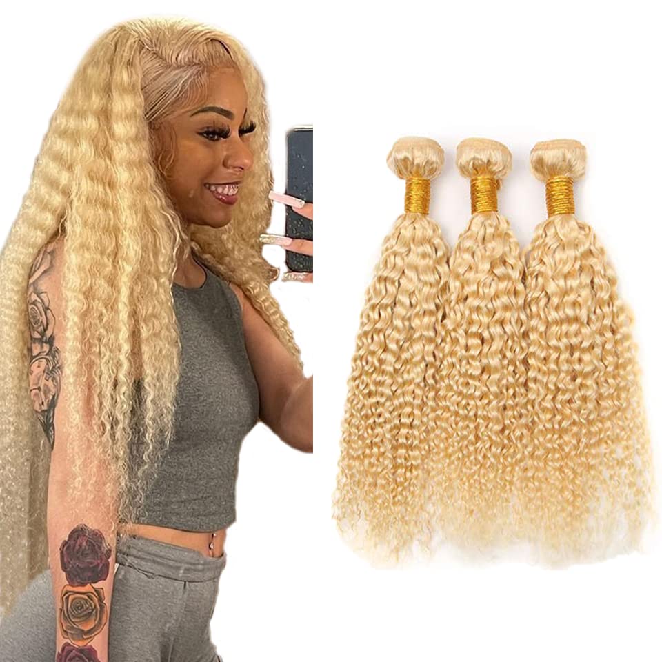 Blonde Bundles 613 Curly Human Hair Bundles 28 28 28 Inch 8A Grade Brazilian 613 Bundles Human Hair Unprocessed Virgin Hair 3 Bundles Blonde Kinky Curly Bundles Remy Hair Extensions