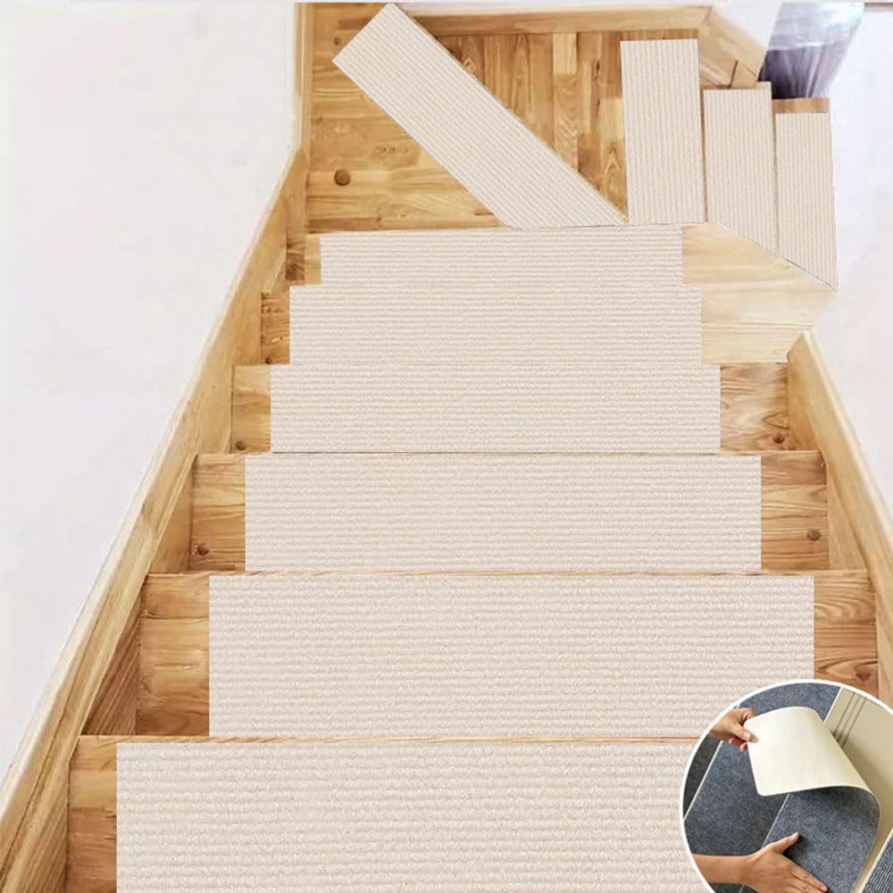 Selbstklebende Stufenmatten 30 x 100 cm, rutschfester Teppich für Innentreppen, anpassbarer Schnitt, Treppenschutz, 10 Stück, Beige