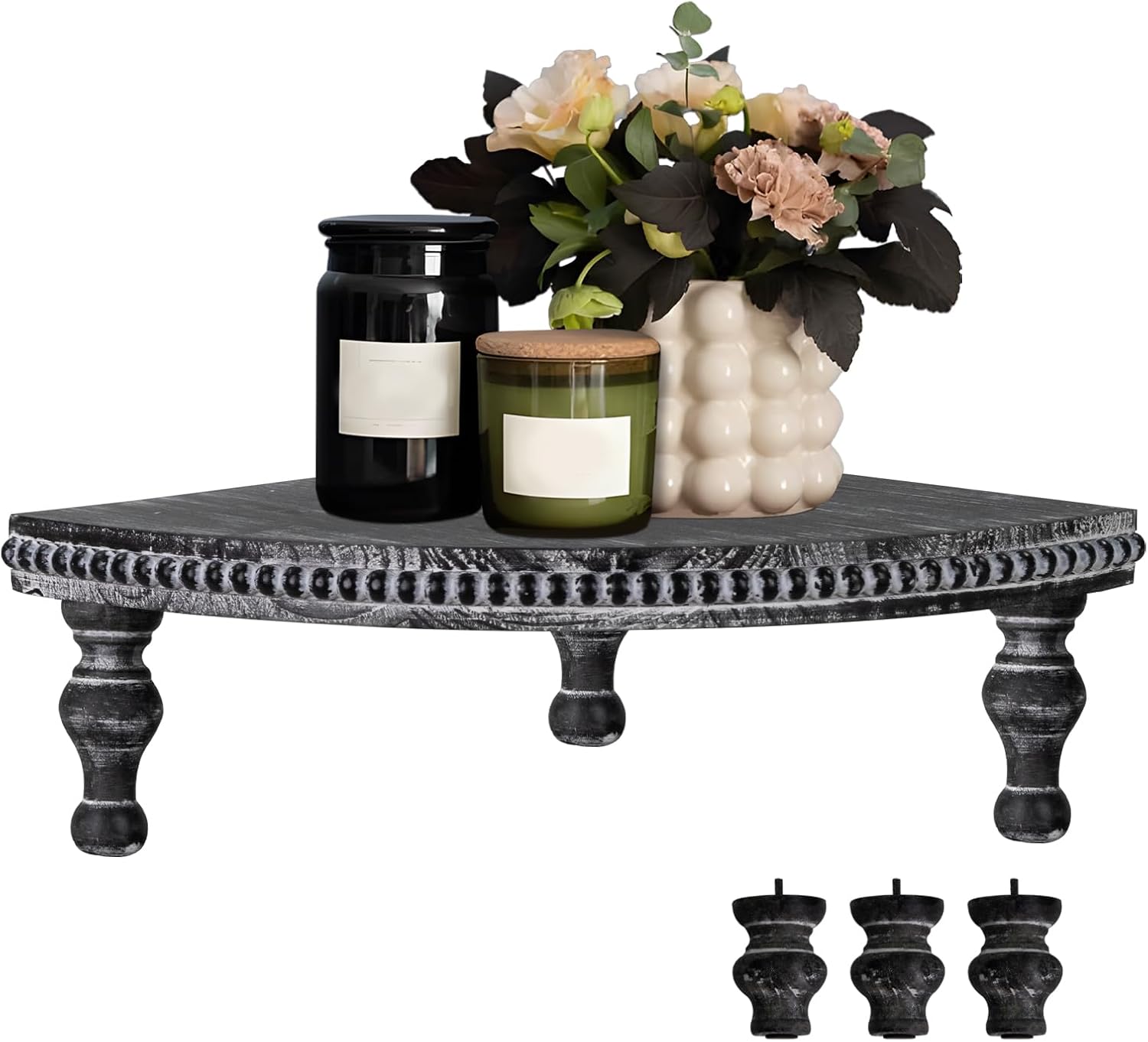 MAONAME Vintage Black Corner Pedestal Stand, Rustic Decorative Riser for Display, Farmhouse Wood Corner Counter Shelf with Beaded